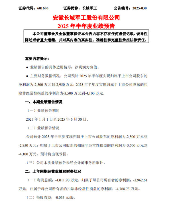 典丰投资 长城军工：预计2025年上半年净利润亏损2500万元~2950万元